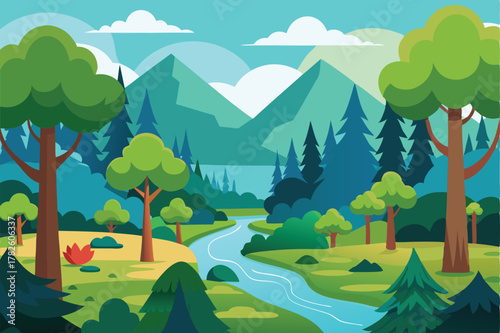 Serene mountain landscape with river flowing through forest trees vector