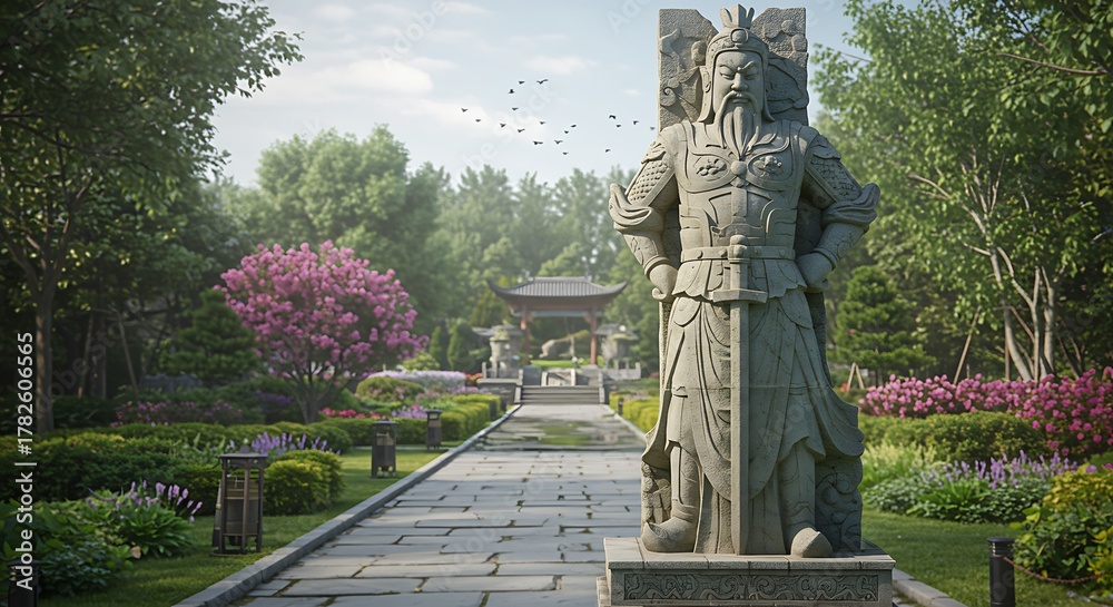 Obraz premium Ancient Chinese Garden Statue Pathway with Lush Greenery and Trees.