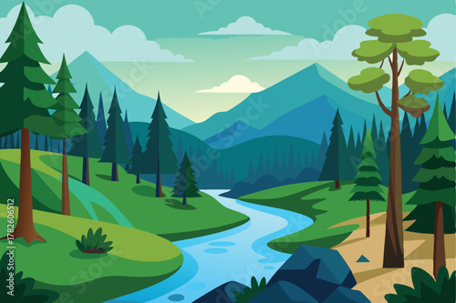 Serene Mountain Landscape with River Forest and Clouds Nature Illustration