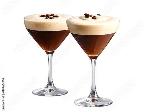 Two Classic Espresso Martini Glasses Filled with Rich Brown Cocktail, Isolated on Transparent Background. Great for Cafe Ads.