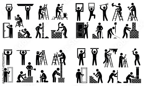 Construction worker icons set showing building and repair activities in flat vector illustration
