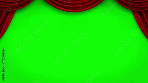 Green Screen red theatrical waving curtains opening and closing on abstract 3d animation of silk cloth revealing background with alpha matte 4k ultra hd 3840x2160 scene 2 distortion, overlay, glitch