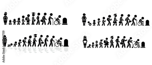 Human life stages evolution silhouette showing growth aging and life cycle
