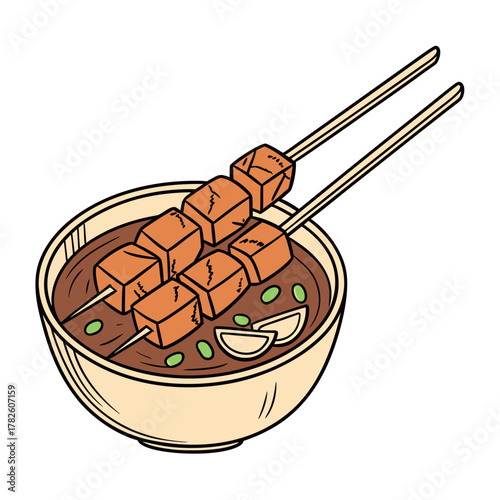 Korean Odeng skewers in bowl with brown soup and garnish vector