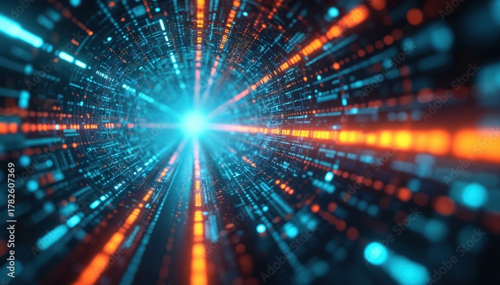 Fototapeta premium Abstract digital tunnel with glowing neon lights, data streams flowing fast into bright light source. Futuristic network, technology background, binary code, speed.