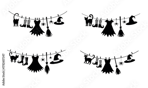 Halloween witch costume hanging on clothesline with hat broom and dress silhouette

