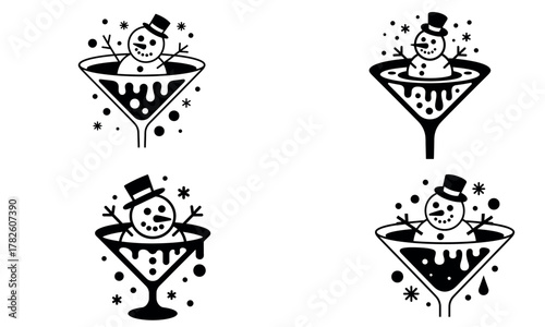 Snowman inside martini glass festive holiday winter cocktail illustration
