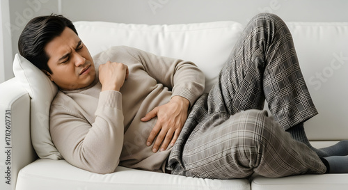 Man lying on a couch with stomach pain, holding his abdomen in discomfort