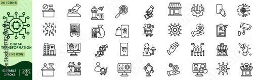 Digital Transformation Line Icon Set – Digitalization, Cloud Computing, Technology, Internet, Digital Services, Editable Stroke, Vector Illustration