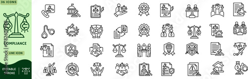 Compliance Line Icon Set – Regulatory, Governance, Corporate, Transparency, Regulations, Editable Stroke, Vector Illustration