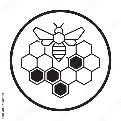 A minimalist line art icon featuring a stylized bee centered over a honeycomb structure, enclosed within a black circular frame, perfect for branding, logos, or natural product packaging.