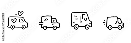 Delivery Vans Line Icon Set In Doodle Style. Transportation, Logistics, And Courier Service Outline Sketch Collection. Hand Drawn Isolated Vector Illustration