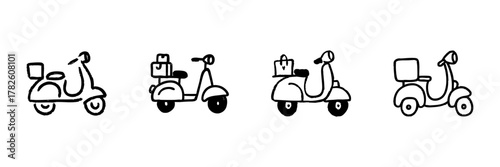 Scooter Delivery Line Icon Set In Doodle Style. Urban Transportation And Package Delivery Outline Sketch Collection. Hand Drawn Isolated Vector Illustration