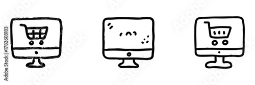 Computer With Shopping Cart Line Icon Set In Doodle Style. E-Commerce, Online Shopping, And Digital Retail Outline Sketch Collection. Hand Drawn Isolated Vector Illustration