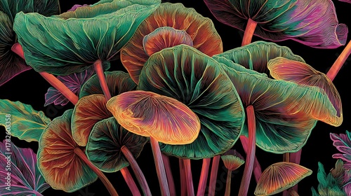 Abstract cluster of colorful mushrooms with textured caps and stems fungi group Photo