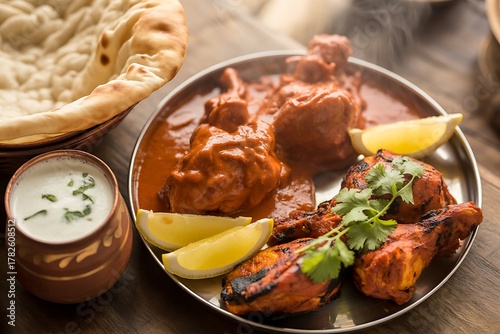 Indian chicken curry with tandoori chicken and lemon wedges beautifully plated symbolizing flavorful spices and traditional Indian meals