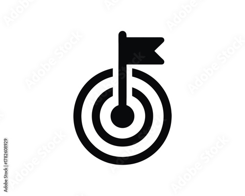Black target with flag on top representing goals and achievements in a minimalist style icon design