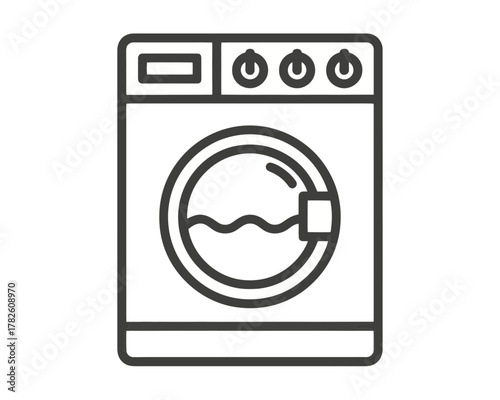 Illustration of a front loading washing machine with a round door and control panel buttons above it