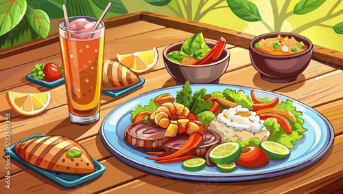 Very beautiful close-up of a savory meal with grilled shrimp served over rice, accompanied by fresh salad and a cold drink on a wooden table, featuring warm natural light, rich textures, and a realist