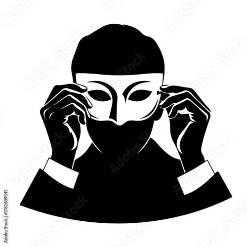 Anonymous figure holding theatrical mask perfect for Halloween or masquerade event promotion