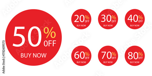 Red Discount Sale Badges – 20% to 80% Off Buy Now Offer Labels