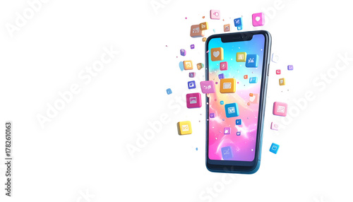 3D-rendered smartphone with app icons floating from screen. Black background