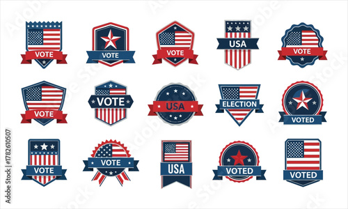American election badge and emblem collection with patriotic stars, stripes, banners, and "Vote" typography in retro-futuristic style