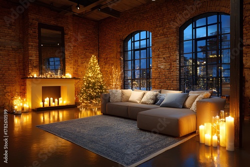 Cozy living room decorated for Christmas with a beautifully lit tree, candles, and warm ambiance, creating a festive atmosphere for holiday gatherings and celebrations