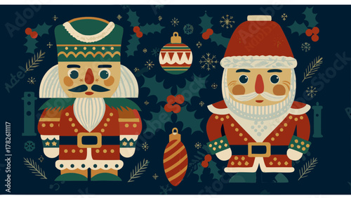 Charming Christmas characters festive holiday cheer nutcracker and Santa Claus delightful seasonal decoration