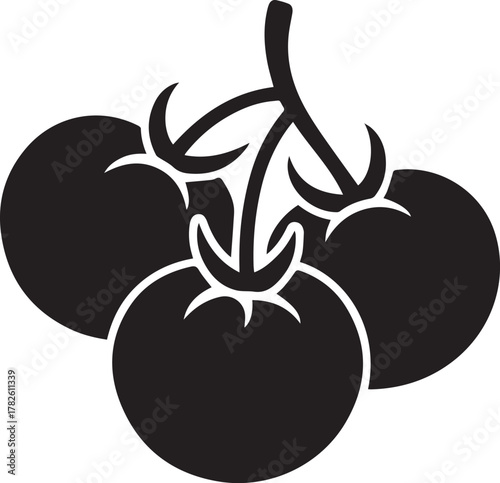 Black silhouette of three ripe tomatoes on a vine