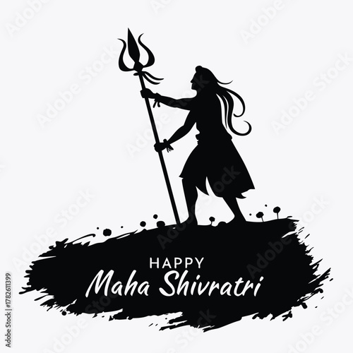 Lord shiva silhouette with trishul for maha shivratri festival greeting. hindu deity outline design.