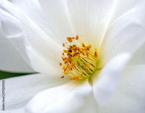 Close-up view of delicate white flower showing pistils and stamens. Petals fully open