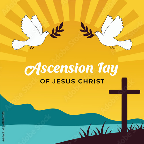 Ascension day of jesus christ religious illustration with doves, olive branches, cross and sun rays