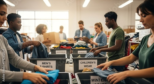 Group of Diverse People Sorting Clothes in Donation Center with Labels for Menâ€™s T-shirts Childrenâ€™s Wear and Winter Clothing