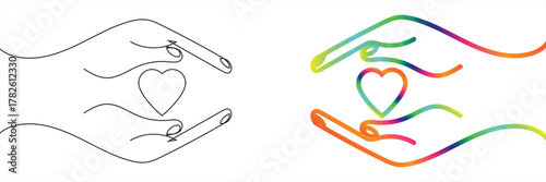 coloring Hands holding heart continuous one line art drawing. Charity donation linear symbol. Vector illustration isolated on white