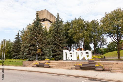 Narva city sign and park view, Estonia.
