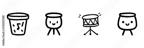 Musical Drums And Percussion Instruments Line Icon Set In Doodle Style. Rhythm And Music Creation Outline Sketch Collection. Hand Drawn Isolated Vector Illustration