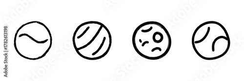 Abstract Planetary Symbols Line Icon Set In Doodle Style. Celestial Bodies, Astronomy, And Space Exploration Outline Sketch Collection. Hand Drawn Isolated Vector Illustration