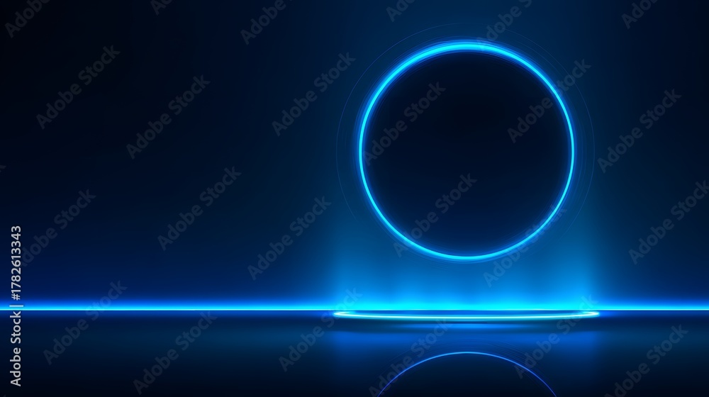 Fototapeta premium Glowing neon ring hovers above a reflective floor in a dark blue futuristic stage environment