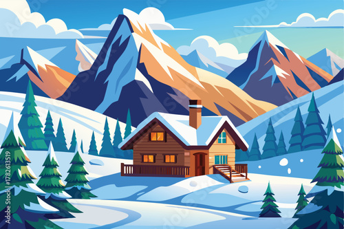 Cozy cabin in a snowy mountain landscape vector illustration design