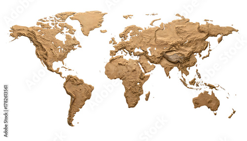 A 3D topographical world map, golden brown, with shadows, floating over black