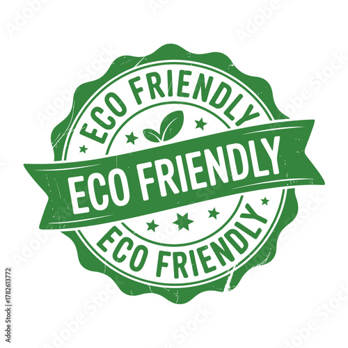 Green eco friendly stamp with leaf symbol and ribbon