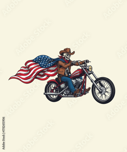 Skeleton cowboy riding motorcycle with american flag cape in vector illustration style art