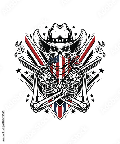 Skeleton cowboy with bandana and crossed guns in front of a striped background design artwork