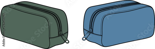 Zipper pouch illustration, toiletry bag vector, travel organizer sketch, storage case design template, cad drawing flat vector illustration