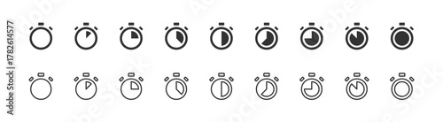 Stopwatch icon set. Digital stopwatch or timer, countdown from 0 to 60 minutes. Cooking time, holding time, baking, delivery for app. Line and glyph stopwatch timer. Countdown timer collection.