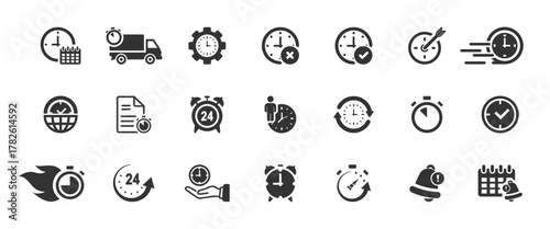 Time glyph solid icon set. Containing clock, hours, calendar, alarm, stopwatch. Timer, alarm clock, wristwatch, smart watch, hourglass, schedule. Vector illustration