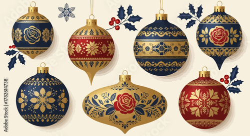 Elegant Blue and Red Christmas Ornaments