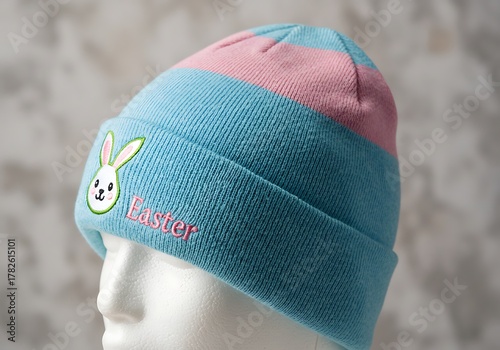 Pastel Easter Beanie with Bunny Design on Mannequin Head.
