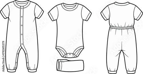Baby clothing multi style front back view, romper onesie pants jumpsuit, fashion flat sketch, cad drawing, technical illustration